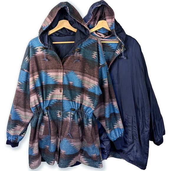 Vintage Reversible Parka Winbreaker Flannel Lined Southwestern Jacket 90s OS VTG - Picture 1 of 11